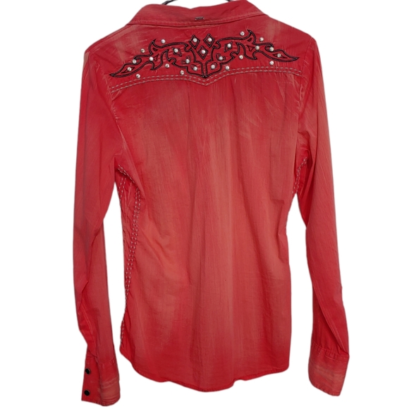 ROAR Western Button Down Shirt Embellished Distressed Coral Women's Med - Picture 7 of 12
